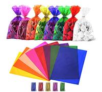 Cinvo 160 Pcs Colored Cellophane Bags with Twist Ties Cello Treat Bags Colorful for Bakery Popcorn Cookies Candy Dessert Treats Party Halloween Christmas Supplies (8 Colors, 6X 9 Inch)