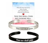 Cinvoma 2Pcs This Too Shall Pass Mantra Cuff Bracelet, Double-Sided Engraved Inspirational Bracelet for Men and Women, Adjustable Stainless Steel Bangle (Black+Silver)