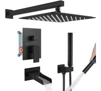 Cinwiny Matte Black Bathroom Rainfall Shower System 10 Inch Shower Head with 2 in 1 Function Handheld Spray Wall Mount Waterfall Tub Spout Combo Set Rough-in Valve 3 Function Mixer Shower Faucet