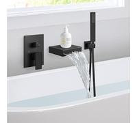 Cinwiny Wall Mount Waterfall Tub Faucet with Handheld Sprayer Single Handle Bathtub Faucet Set with Rough-in Valve Shower Diverter Kit for Bathroom, Matte Black