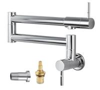 Cinwiny Pot Filler Faucet Wall Mounted Folding Stretchable Kitchen Sink Water Tap with Double Joint Swing Arm Single Hole Two Handles Restaurant Kitchen Faucets, Polish Chrome, Level Handle