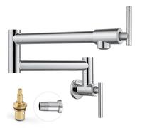 Cinwiny Pot Filler Faucet Wall Mounted Folding Stretchable Kitchen Sink Water Tap with Double Joint Swing Arm Single Hole Two Handles Restaurant Kitchen Faucets, Polish Chrome, T-Shape Handle