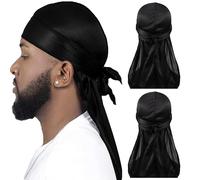 CINY Silky Satin Durag, Light Weight Breathable Head Wrap Durag Long Tail Beanies Cap Unisex Durags for Men & Women Bandana Silk Sleep Cap Silk Pirate Hat Bonnet Straps Headwraps（2 Black）