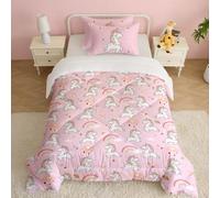 CINYE Kids Single Coverless Duvet for All Seasons, Single Quilt with Unicorn and Rainbow 3D Patterns, Comforter 135x200 cm with two 50x75cm pillowcases, Pink