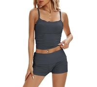 Cioatin Women 2 Piece Lounge Sets Pajama Set Sleeveless Lace Trim Crop Tank Tops and Shorts Y2K Tracksuit Outfits Summer, Dark Gray, S