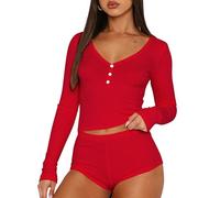 Cioatin Women 2 Piece Ribbed Knit Pajama Set Long Sleeve Button Crop Top and Shorts Lounge Sweatsuits Sleepwear PJ Set, Red, L