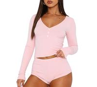 Cioatin Women 2 Piece Ribbed Knit Pajama Set Long Sleeve Button Crop Top and Shorts Lounge Sweatsuits Sleepwear PJ Set, Pink, M