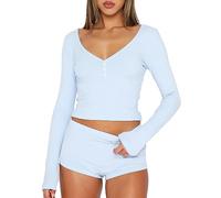 Cioatin Women 2 Piece Ribbed Knit Pajama Set Long Sleeve Button Crop Top and Shorts Lounge Sweatsuits Sleepwear PJ Set, Sky Blue, M