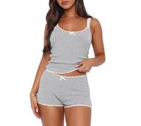 Cioatin Women 2 Piece Ribbed Y2K Pajama Set Sleeveless Lace Patchwork Crop Cami Tops and Shorts Lounge Sleepwear PJ Set, Heather Gray, S