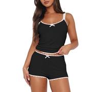 Cioatin Women 2 Piece Ribbed Y2K Pajama Set Sleeveless Lace Patchwork Crop Cami Tops and Shorts Lounge Sleepwear PJ Set, Black, L