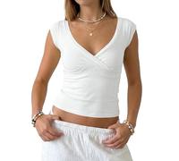 Cioatin Women Basic Solid Cap Sleeve Wrap V Neck Crop Tank Slim Fit Y2K Minimalist Clean Girls Summer Going Out Shirt Tops, White, M