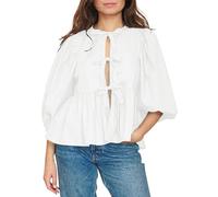 Cioatin Women Bow Tie Front Shirt Top Cute Puff Sleeve Y2K Peplum Ruffle Babydoll Blouse Lace Up Summer Going Out, White, S