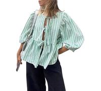 Cioatin Women Bow Tie Front Shirt Top Cute Puff Sleeve Y2K Peplum Ruffle Babydoll Blouse Lace Up Summer Going Out, Green Stripe, M