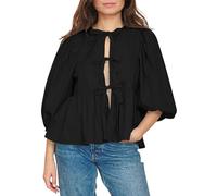 Cioatin Women Bow Tie Front Shirt Top Cute Puff Sleeve Y2K Peplum Ruffle Babydoll Blouse Lace Up Summer Going Out, Black, M