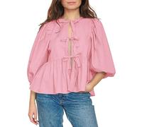 Cioatin Women Bow Tie Front Shirt Top Cute Puff Sleeve Y2K Peplum Ruffle Babydoll Blouse Lace Up Summer Going Out, Pink, L