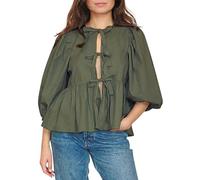 Cioatin Women Bow Tie Front Shirt Top Cute Puff Sleeve Y2K Peplum Ruffle Babydoll Blouse Lace Up Summer Going Out, Army Green, S