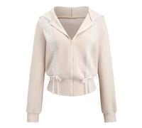 Cioatin Women Cute Lace Patchwork Bow Zip Up Crop Hoodie Y2K Coquette Fleece Casual Hooded Sweatshirt Jacket Pullover, Apricot, S