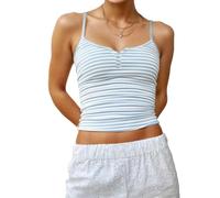 Cioatin Women Cute Sleeveless Striped Print Button Up Crop Cami Y2K Spaghetti Straps Backless Tank Shirt Going Out Tops, Blue, M