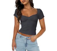 Cioatin Women Cute Sweetheart Neck Short Sleeve Crop Tops Ruched Summer Going Out T Shirt Y2K Clothes Tee Teens, Dark Gray, S