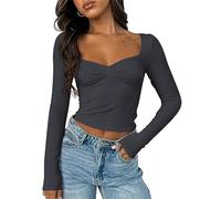 Cioatin Women Going Out Crop Tops Y2K Clothes Cute Sweetheart Neck Long Sleeve T Shirt Top Skinny Fall Trendy Tee Teens, Dark Grey, S