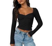 Cioatin Women Going Out Crop Tops Y2K Clothes Cute Sweetheart Neck Long Sleeve T Shirt Top Skinny Fall Trendy Tee Teens, Black, S