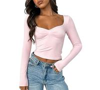Cioatin Women Going Out Crop Tops Y2K Clothes Cute Sweetheart Neck Long Sleeve T Shirt Top Skinny Fall Trendy Tee Teens, Pink, S