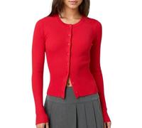 Cioatin Women Long Sleeve Button Up Ribbed Knit Crop Cardigan Y2K Slim Fit Round Neck Sweater Tshirt Fall Going Out Tops, Red, Small