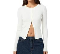 Cioatin Women Long Sleeve Button Up Ribbed Knit Crop Cardigan Y2K Slim Fit Round Neck Sweater Tshirt Fall Going Out Tops, White, M