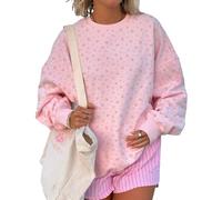 Cioatin Women Oversized Ditsy Floral Crewneck Sweatshirt Lightweight Fleece Drop Shoulder Pullover Y2K Aesthetic Fall Outfits, Pink, Medium