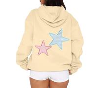 Cioatin Women Oversized Star Embroidery Graphic Hoodies Cute Y2K Aesthetic Long Sleeve Fleece Hooded Sweatshirt Fall Pullover, Cream, S