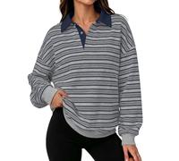 Cioatin Women Oversized Striped Polo Sweatshirt Y2K Preppy Loose Pullover