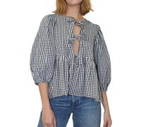 Cioatin Women Plaid Bow Tie Front Shirt Top Cute Puff Sleeve Y2K Peplum Ruffle Babydoll Blouse Lace Up Summer Going Out, Black Plaid, L
