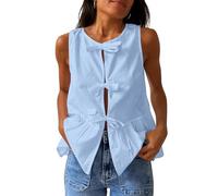 Cioatin Women Sleeveless Bow Tie Front Peplum Tank Tops Loose Fit Cut Out Cotton Babydoll Blouse Shirt Going Out Summer, Blue, Medium