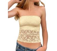 Cioatin Women Strapless Sheer Floral Lace Mesh Y2K Bandeau Tube Crop Tops Sleeveless Tight Fit Summer Going Out Tank Girls, Yellow, M