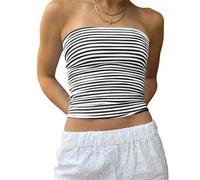 Cioatin Women Strapless Striped Bandeau Tube Tops Y2K Aesthetic Sleeveless Backless Crop Tank Going Out Summer Girls, Black White, XS