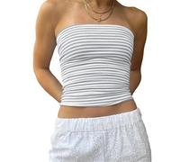 Cioatin Women Strapless Striped Bandeau Tube Tops Y2K Aesthetic Sleeveless Backless Crop Tank Going Out Summer Girls, Gray White, S