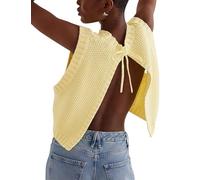 Cioatin Women Y2K Backless Tie Up Knit Crop Sweater Vest Sleeveless Round Neck Split Open Back Pullover Summer Tank Tops, Yellow, L