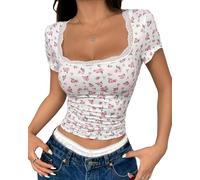 Cioatin Women Y2K Lace Patchwork Ditsy Floral Crop Tshirt Tops Short Sleeve Scoop Neck Slim Fit Aesthetic Summer Tee, White, L