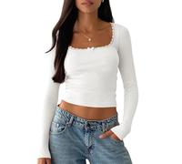 Cioatin Women Y2K Lace Patchwork Long Sleeve Crop Tops Ribbed Knit Scoop Neck Tight Fitted Going Out Tops Tshirt Outfits, White, S