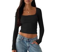 Cioatin Women Y2K Lace Patchwork Long Sleeve Crop Tops Ribbed Knit Scoop Neck Tight Fitted Going Out Tops Tshirt Outfits, Black, L