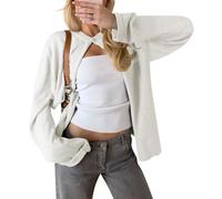 Cioatin Women Y2K One Button Up Open Front Knit Sweater Cardigan Crew Neck Long Sleeve Pullover Shirts Going Out Outfits, Cream, Small