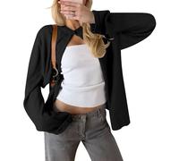Cioatin Women Y2K One Button Up Open Front Knit Sweater Cardigan Crew Neck Long Sleeve Pullover Shirts Going Out Outfits, Black, Small