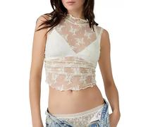 Cioatin Women Y2K Sheer Floral Lace Mesh Crop Tops Sleeveless See Through Mock Neck Ruched Lettuce Brami Muscle Tank, Cream, S