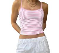 Cioatin Women Y2K Sleeveless Striped Spaghetti Strap Crop Cami Tank Backless Slim Fit Aesthetic Going Out Tops Girls, Pink 02, M