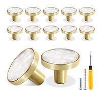 Cionyce 12 Pack Gold Knobs for Dresser Drawers, Brass Dresser Knobs Round Cabinet Knobs for Kitchen Cabinet Cupboard Door Decorative Furniture Hardware, 1-1/4" Diameter, White