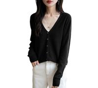 Ciovkis Women's Merino Wool Blend Cardigan V-Neck Fall Winter Long Sleeve First-Line Ready to Wear Seamless Knit Cardigan (Black,M)