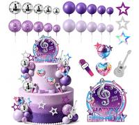 Ciqocibi 38-Piece Purple Music Cake Topper Set, Disco Balls & Paper Guitar Microphone Star Cake Decorations for Pop Music Birthday Party Decor