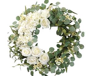 CIR OASES 20" Hydrangeas Spring Wreath for Front Door, Artificial Summer Green Wreaths with White Peony Flowers for Farmhouse Home Wedding Party Wall Windows Outdoor Decor（White）