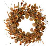 CIR OASES 20-inch Fall Front Door Wreath Handcrafted Green Eucalyptus leaf Orange Flower wreath Courtyard fireplace Office Decoration Thanksgiving Harvest Festival Halloween Party Wedding Decoration
