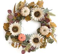 CIR OASES 20-inch Fall Front Door Wreath White Sunflower Pumpkin Berry Yellow Maple Leaf Wreath Thanksgiving Halloween Party Wedding Decoration Corridor Window Courtyard Fireplace Decoration